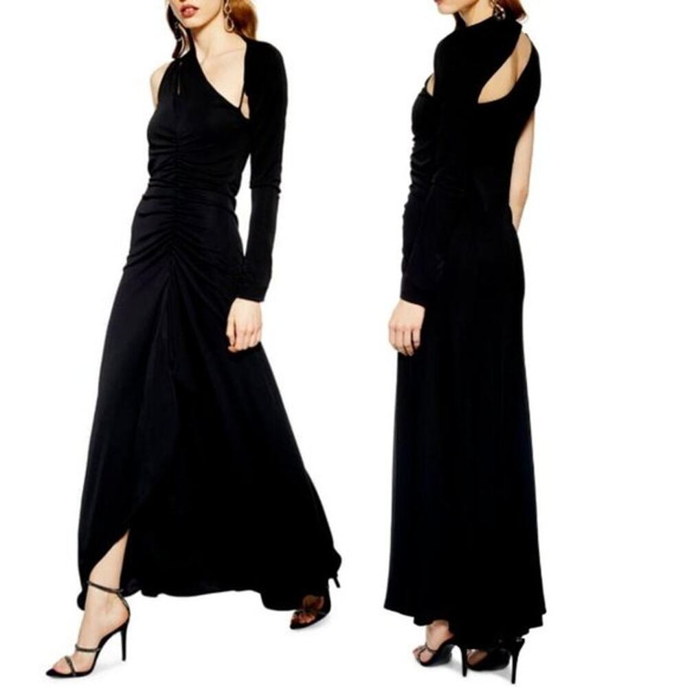 Topshop Black One Arm Ruched Formal Dressy Maxi Dress Women Sz 8